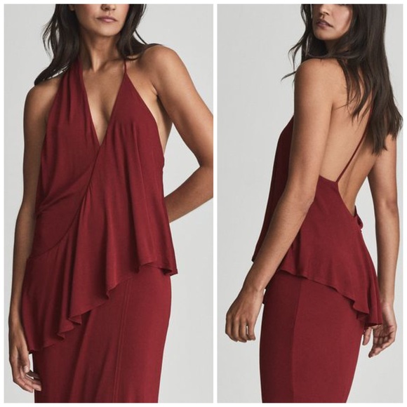 NEW Reiss Xena Draped Ruched Strappy Open Back Midi Cocktail Dress in Deep Red - Picture 2 of 12